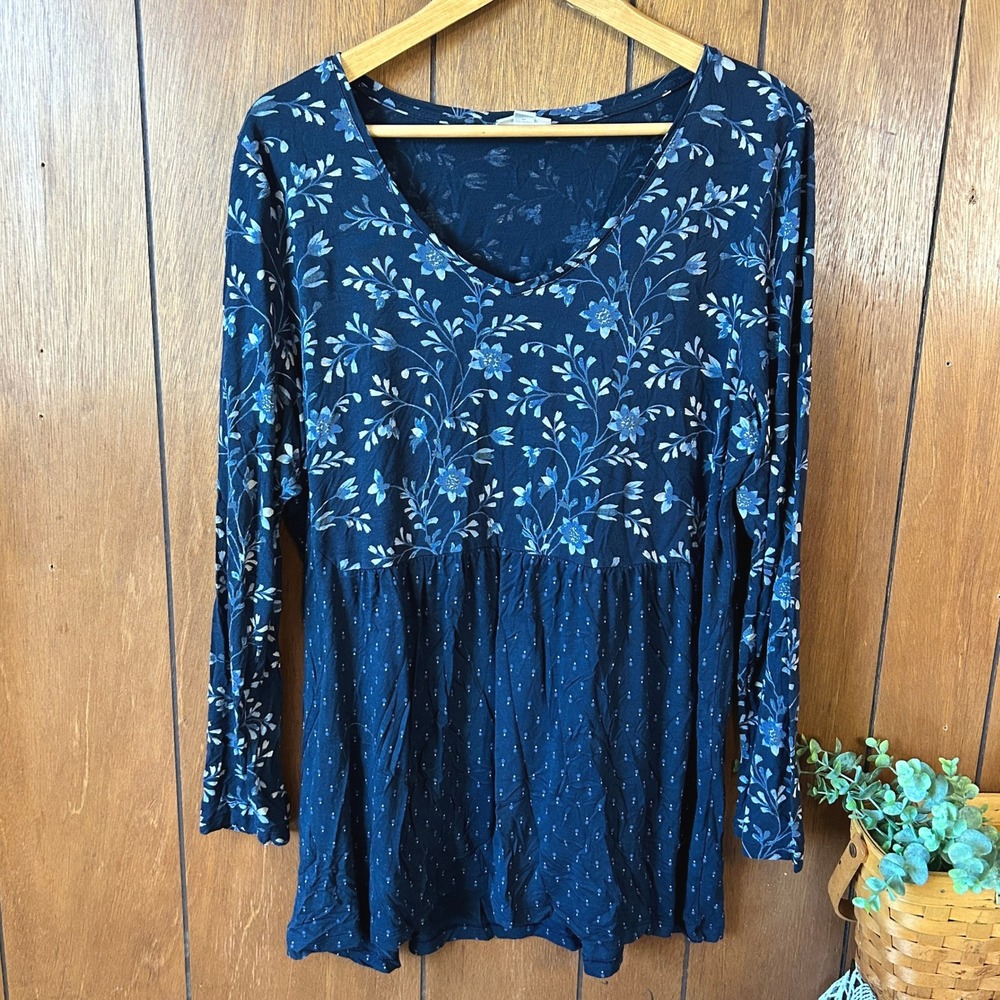 J Jill Women's Size L Navy Floral Print‎ Long Sleeve Peasant Blouse Blue Boho